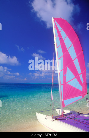 Segelboot am Strand mit Horizont im Hintergrund Malediven Inseln Indischer Ozean Stockfoto