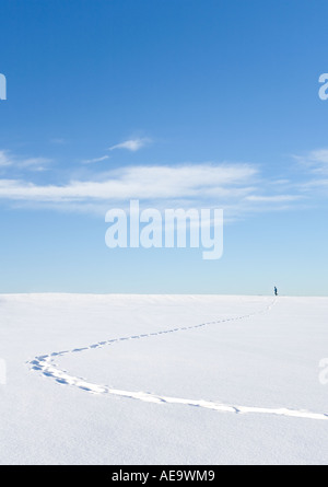 Fußweg auf frischen Neuschnee und ein entfernter Läufer Silhouette an der Spitze des Hügels, Finnland Stockfoto