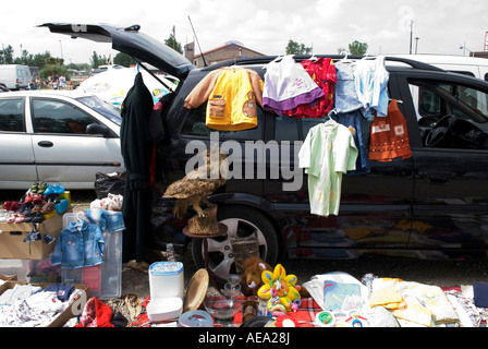 ein ausgestopfter Uhu sitzt unter einem Haufen Müll vor Auto auf einem französischen Flohmarkt Stockfoto