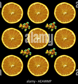 Orangenscheiben rund um computergenerierte Modelle der Vitamin C-Molekül Stockfoto