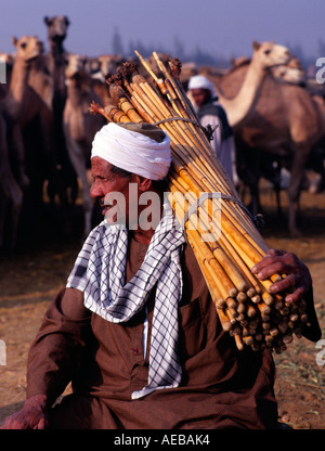 Stammesangehörige mit Bambusstäben, Kamelmarkt, in der Nähe von Kairo, Ägypten Stockfoto