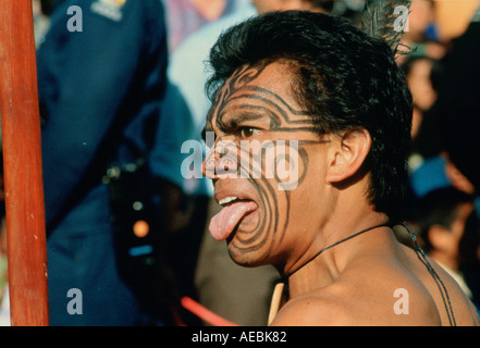 Maori-Krieger bietet traditionelle Herausforderung Neuseeland Stockfoto