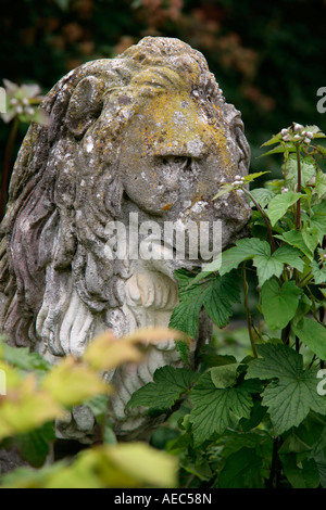 Großer alter verwitterter Steinlöwe in Gartenschrubben Stockfoto