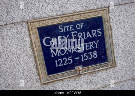 City of London Blue Plaque Website der grauen Mönche Kloster 1225 1538 Stockfoto