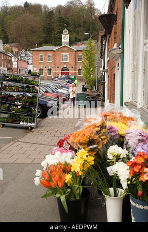 UK Wales Powys Montgomery Marktplatz breite Straße Blume Stand Stockfoto