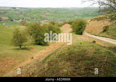 UK Shropshire Newcastle Offas Dyke und Weg vom Llanfair Hill in Clun Flusstal Obwohl Schaf-Farm Stockfoto