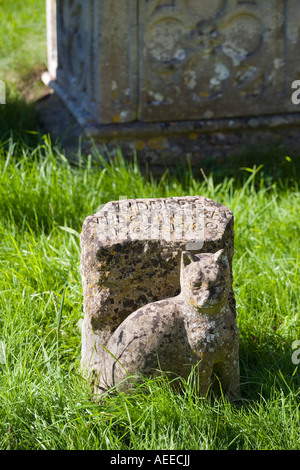 Memorial to Tiddles die Kirchenkatze 1963 bis 1980 im Kirchhof der St. Mary's Church in der Cotswold-Stadt Fairford, Gloucestershire, England Stockfoto