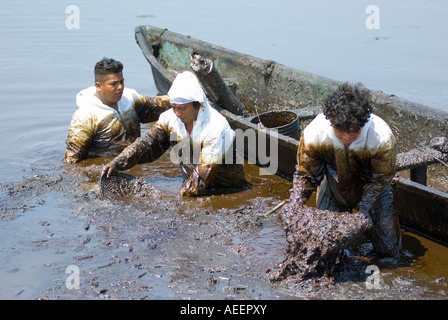 PEMEX Leiharbeiter versuchen, Land an der Stelle von einem Crude Oil Spill im Feld Cinco Presidentes, Tabasco, Mexiko zurückzufordern Stockfoto