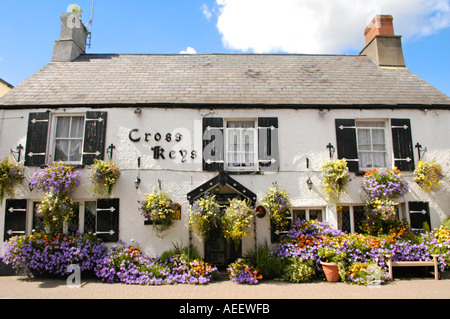 Blütenpracht vor Cross Keys Pub in Usk, konkurriert die Stadt jährlich in Wales und England in Bloom Wettbewerbe Stockfoto