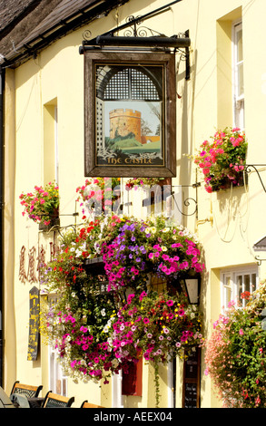 Blütenpracht vor The Castle Pub in Usk, konkurriert die Stadt jährlich in Wales und England in Bloom Wettbewerbe Stockfoto