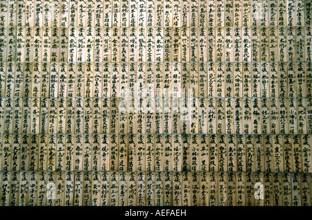 Abstraktes Bild von Holztafeln mit den Namen der Spender des Schreines an einer Schreinwand in Kyoto, Japan. Stockfoto