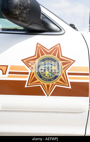 Identifizierung von Schriftzug und Nebraska Staatssiegel auf Ford Crown Victoria Police Interceptor aus Saline County Sheriff Office Stockfoto