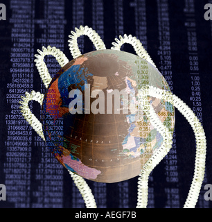 Büro-Hand, die hält Globus Zahlen Internet Informationen konzeptionelle Netzwerk Technologie Konzept Business-Kommunikation Stockfoto