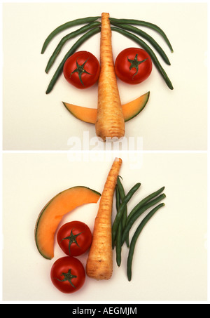 Vor und nach dem Gemüse Gesichter Stockfoto