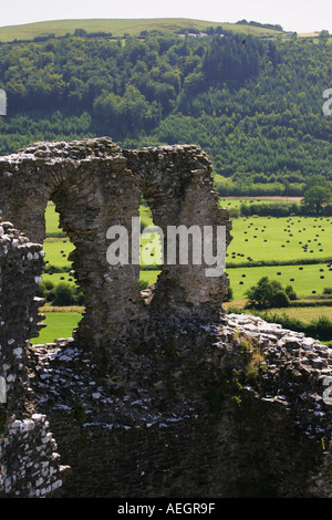 Nahaufnahme von 13. Jahrhundert Steinmauer Ruine der Burg Dryslwyn mit üppigen grünen Feldern des Dryslwyn-Tals im Abstand Wales Stockfoto