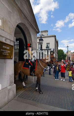 Vertikale Ansicht von weibliches Mitglied der Household Cavalry montiert außen Horse Guards Parade umgeben von Touristen fotografieren Stockfoto