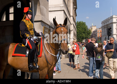 Horizontalen Weitwinkel von ein weibliches Mitglied der Household Cavalry auf Horse Guards Parade in Whitehall umgeben von Touristen. Stockfoto