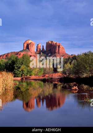 Cathedral Rock spiegelt sich in Oak Creek Arizona Stockfoto