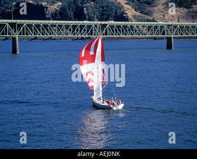 Ein kleines Segelboot navigiert den Columbia River in der Nähe von Hood River an einem sonnigen Sommertag, Oregon. Stockfoto