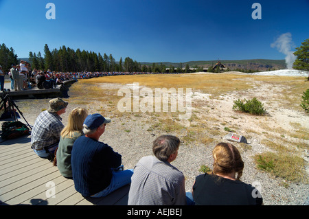 Touristen warten auf Ausbruch des Old Faithful Geysir, Yellowstone-Nationalpark, Wyoming, USA, Vereinigte Staaten von Amerika Stockfoto