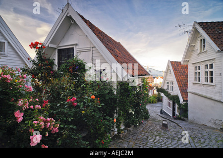 Schmale Gasse mit Blumenschmuck im malerischen alten Stadt von Stavanger, Rogaland, Norwegen, Skandinavien, Europa Stockfoto