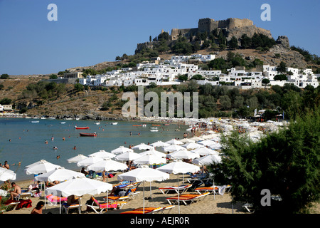 Strand von Lindos auf Rhodos, Griechenland, Europa Stockfoto