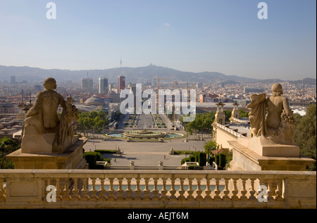 Blick vom Palau Nacional de Montjuic auf der Plaza de Espana, Barcelona, Katalonien, Spanien Stockfoto