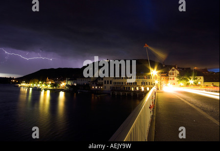 Gewitter über Stein am Rhein und Burg Hohenklingen, Stein am Rhein, Kanton Schaffhausen, Schweiz Stockfoto