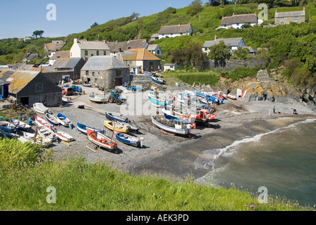 Cadgwith Dorf- & Fischerhafen an Lizard Halbinsel auf der South West Coast Path gesehen von oben kleine Boote am Strand bei Flut Cornwall GROSSBRITANNIEN Stockfoto