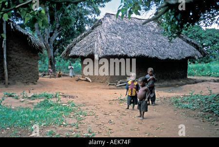 Afrika Kenia DIGO offensichtlich unterernährte Kinder spielen vor ihren Schlamm und Flechtwerk strohgedeckten Häuser in ländlichen Dorf in Kenia Stockfoto