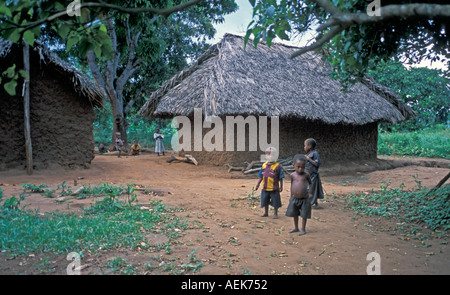 Afrika Kenia DIGO offensichtlich unterernährte Kinder spielen vor ihren Schlamm und Flechtwerk strohgedeckten Häuser in ländlichen Dorf in Kenia Stockfoto