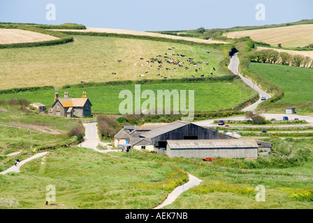 Bauernhof Haus und Hof hinter der Kirche Bucht in der Nähe von Mullion gesehen von Fußweg am Hang der South West Coast Path Wandern Stockfoto