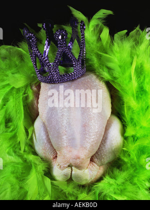 Ofen bereit Huhn mit Federboa und Krone Stockfoto