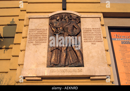 Wandtafel, Varszinhaz Gebäude, Nemzeti Tancszinhaz Gehäuse National Dance Theatre, Castle Hill District, Budapest, Ungarn Stockfoto