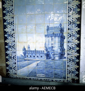 Azulejo Darstellung Belem Turm in Lissabon, Granja Bahnhof, Aveiro, Portugal, Europa, Stockfoto