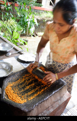 Goan Indianerin Schleifen Kokos und Chili für Curry mit flachen Granit Schleifstein FATOR genannt lokal (Stein) Stockfoto