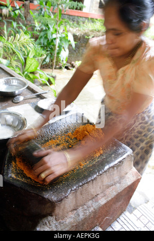 Goan Indianerin Schleifen Kokos und Chili für Curry mit flachen Granit Schleifstein FATOR in Konkani Sprache genannt. Goa Stockfoto