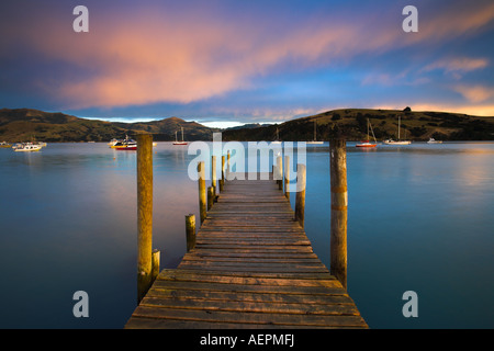Am frühen Morgensonne glüht auf einem Steg mit Blick auf Akaroa Harbour, Banks Peninsula, Neuseeland Stockfoto