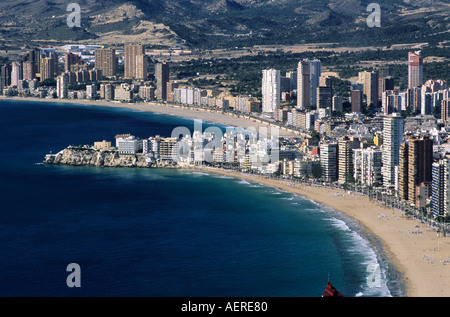 Benidorm Panorama Altstadt und Burg Benidorm Strand Benidorm Costa Blanca Alicante Valencia, Spanien Stockfoto