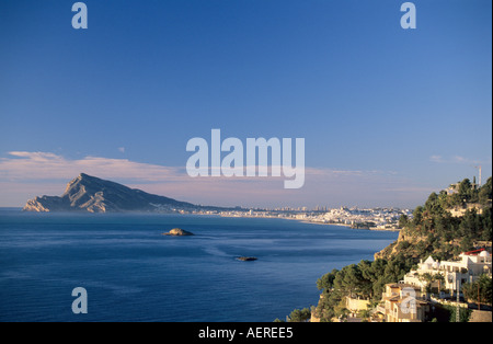 Altea-Panorama-Blick auf die Küste von Campomanes, Costa Blanca Alicante Valencia, Spanien Stockfoto