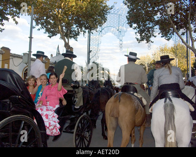 Pferde und Reiter in Fuengirola Feria, Fuengirola, Costa Del Sol, Spanien, Europa Stockfoto