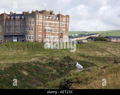 Tintagel Hotel Camelot Castle Hotel, angezeigt durch eine Silbermöwe, Tintagel, Kernow, North Cornwall, Großbritannien, UK Stockfoto