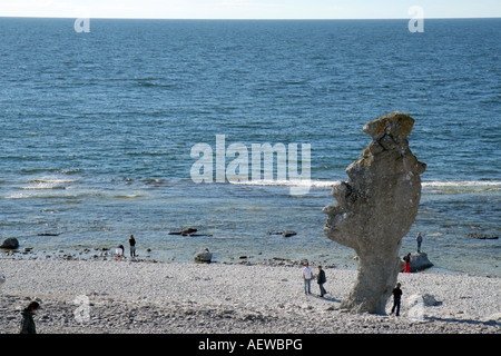 Natürliche Seastacks in Faro Gotland als Rauks bezeichnet. Dies ist bei Langhammar Stockfoto