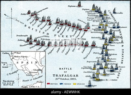 Schlacht von Trafalgar. Schlachtplan, 21. Oktober 1805. Stockfoto