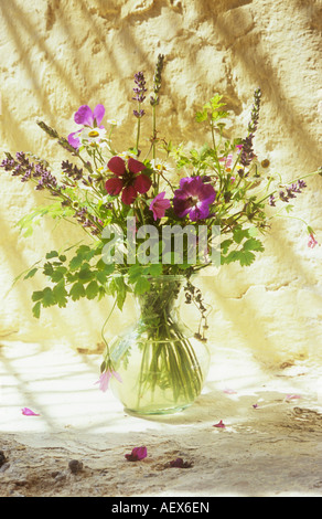 Kleinen Klarglas Vase auf warmen gerendert rund Creme lackierte Schweller mit tausend Farn Lavendel Geranie und Mutterkraut Stockfoto