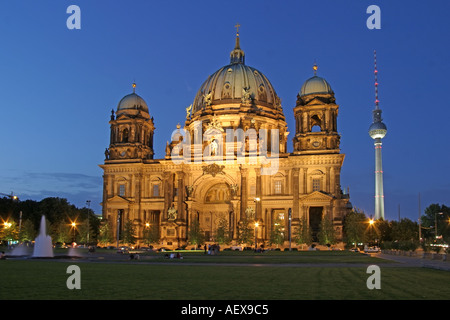 Berliner Dom Lustgarten Park Alex Fernsehturm bei Nacht Stockfoto