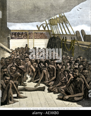 Deck der erfassten Sklavenschiff Wildfire gebracht in Key West Florida 1860. Hand - farbige Holzschnitt Stockfoto
