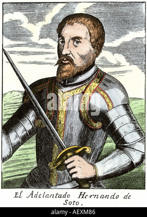 Spanische konquistador Hernando de Soto. Hand - farbige Holzschnitt Stockfoto