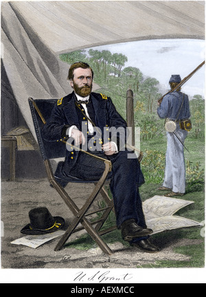 Union General Ulysses S Grant im Feld Sitz der Amerikanische Bürgerkrieg, 1860. Handcolorierte Stahlstich Stockfoto