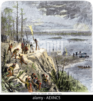 Samuel de Champlain und seine Huron verbündeten sich die Irokesen in der Nähe von Lake Champlain 1600 zu kämpfen. Hand - farbige Holzschnitt Stockfoto